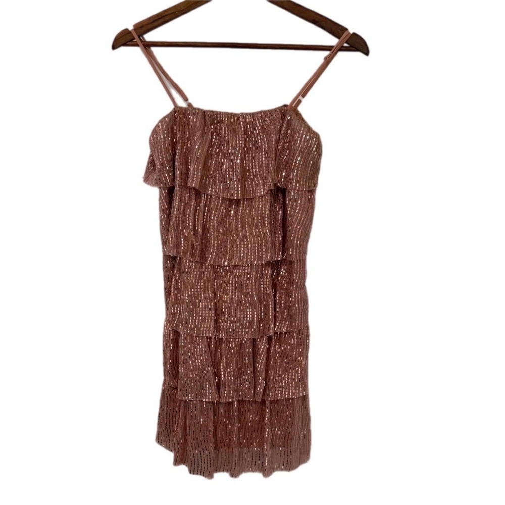 Caramela Tiered Mini Dress Womens Medium Rose Gold Excellent Sequin Metallic